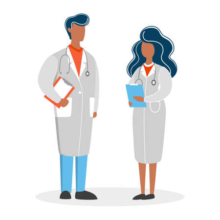 Couple of doctor in the uniform. Female and male character standing in medical costume. Isolated vector illustration in cartoon styleのイラスト素材