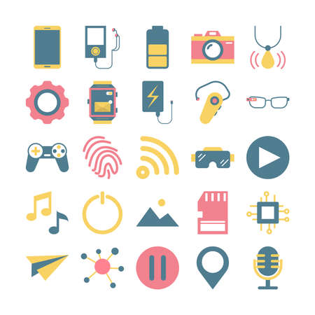 Wearable technology for a healthcare and communication. Digital device with internet connection. Smartphone and fitness watch, glasses. Collection of colorful icons. Isolated flat vector illustrationのイラスト素材