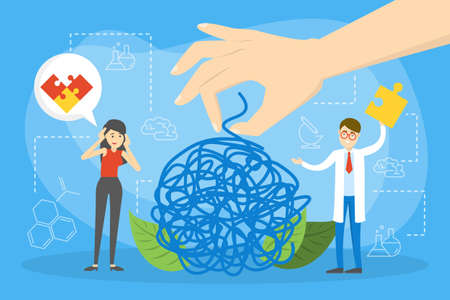 Mental health concept. Doctor treat person mentality. Psychological support. Problem with mind. Vector illustration in cartoon styleのイラスト素材