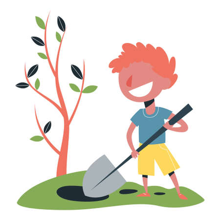 Little boy digging dirt with a shovel. Child gardeningのイラスト素材