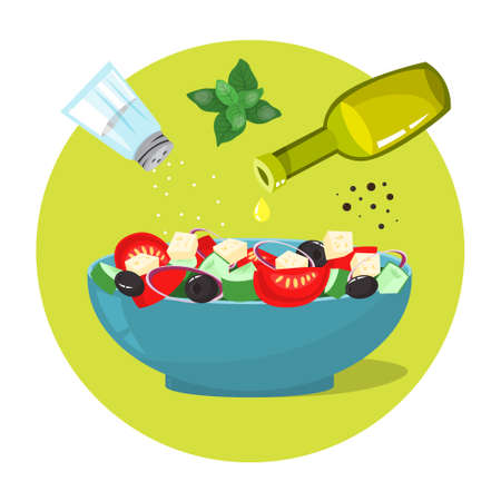 Greek salad in a plate. Organic healthy food. Cucumber and tomato, olive oil, feta cheese and pepper with salt. Isolated flat illustrationのイラスト素材