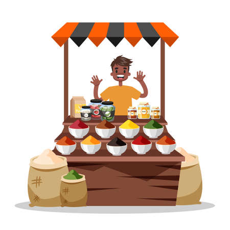 Man selling food spice. Asian colorful spices marketのイラスト素材