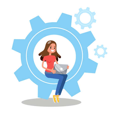 Woman sitting on a giant colorful cogのイラスト素材