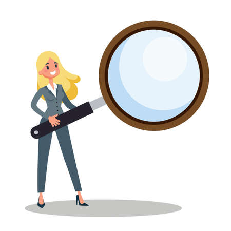Businesswoman holding a big magnifier glass. Idea of searchのイラスト素材