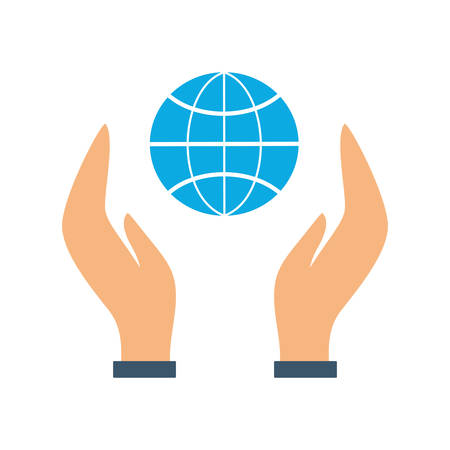 Hand holding globe icon. Idea of planet care and ecology protection. Environmental conservation. Isolated vector illustration in flat styleのイラスト素材
