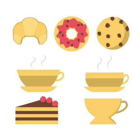 Tea and dessert icon. Cup of hot coffee, donut and croissantのイラスト素材