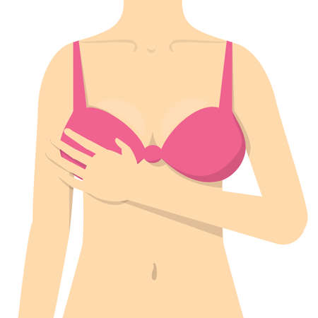 Female body and pink underwear. Girl touching breastのイラスト素材