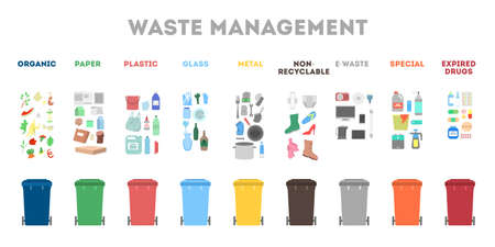 Waste management concept. Garbage separate in different trashのイラスト素材