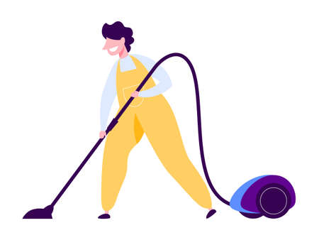 Man in the uniform cleaning floor using vacuum cleaner.のイラスト素材