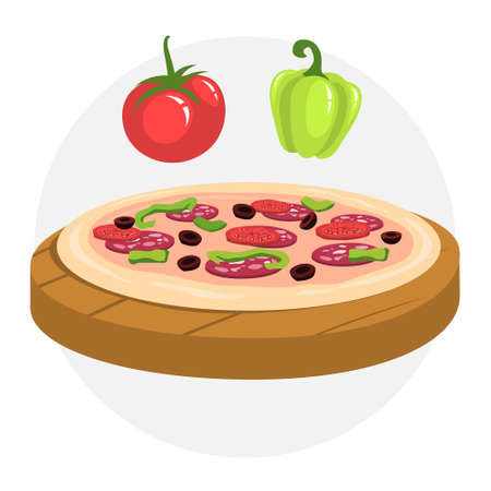 Making pizza at home. Homemade italian food. Salami, tomatoのイラスト素材