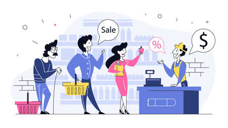 People in the grocery store stand at the cashier and payのイラスト素材