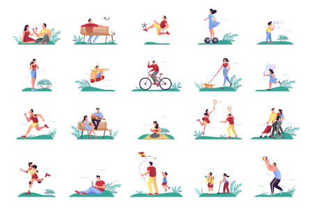People in the park set. Man and woman spend timeのイラスト素材