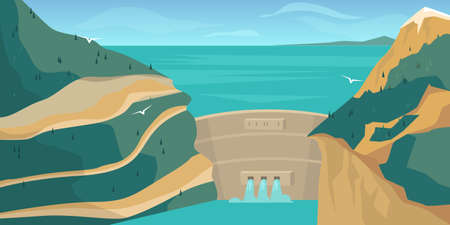 Water power plant concept. Hydro energy, electric stationのイラスト素材