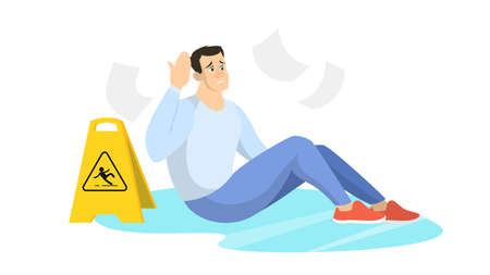Man falling on the wet floor. Caution sign, warningのイラスト素材