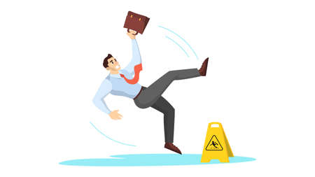 Man falling on the wet floor. Caution sign, warning slippery floor. Injury and accident. Isolated vector illustration in cartoon styleのイラスト素材