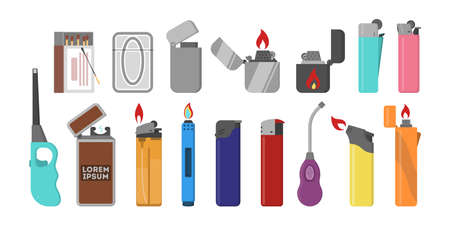 Plastic lighter set. Gas flame. Accessory for smoking.のイラスト素材
