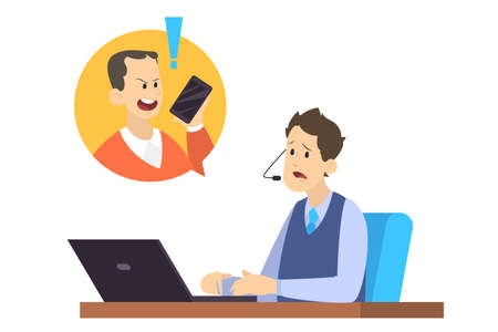 Angry customer shouting at the worker on the phone. Operator answer on the phone call. Communication with client. Isolated flat vector illustrationのイラスト素材