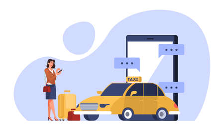 Online taxi service concept. Woman book car in mobile phoneのイラスト素材