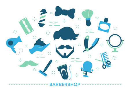 Barber concept. Idea of hair and beard care. Comb and razor blade, hair dryer and bottle. Set of colorful icons. Isolated flat illustrationのイラスト素材