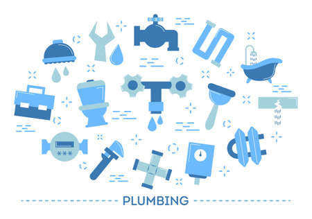 Plumbing concept. Shower and bath, faucet and toiletのイラスト素材