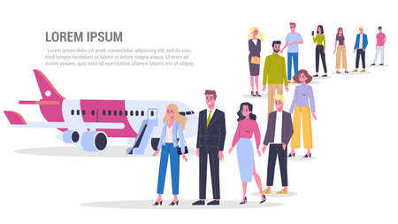 Queue to the airplane web banner concept. People on airportのイラスト素材