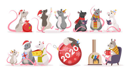 Cute christmas rat set. Animal character in Santa Claus hat. 2020 year of the rat. Isolated vector illustration in flat styleのイラスト素材