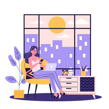 Young woman sitting in the armchair with laptop computer.のイラスト素材