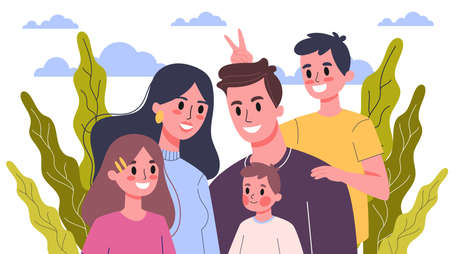 Happy family portrait. Mom and dad, children and their siblings. Isolated flat illustrationのイラスト素材