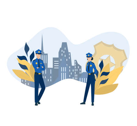 Police office couple in the uniform standing. Female and male worker. Policeman character. Professional occupation. Isolated vector illustration in cartoon styleのイラスト素材