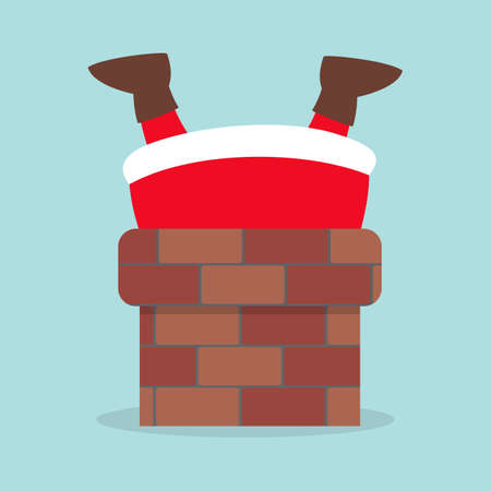 Cute Santa Claus in red clothes stuck in chimney. Merry Christmas and New Year celebration. Funny character. lat illustrationのイラスト素材