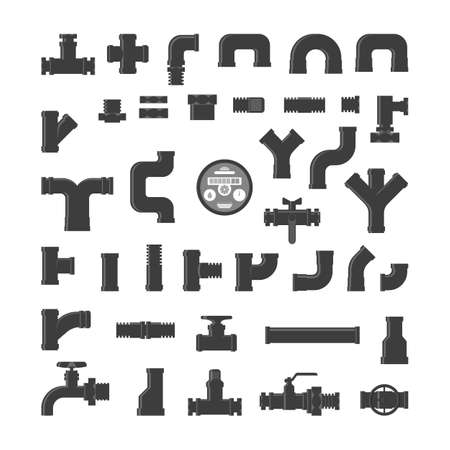 Plumber set, collection of pipe. Plumbing industry. Yellow pipeline element, industrial technology. Isolated vector illustration in flat styleのイラスト素材