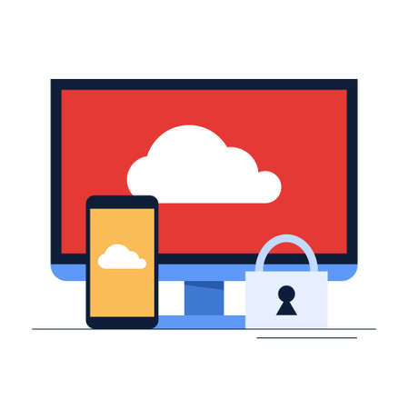 Cloud storage concept. Idea of computer technology and database in internet. Information download from any device. Isolated flat illustrationのイラスト素材