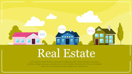 Real estate banner concept. Idea of house for sale and rent. Investment in property. Vector illustration in cartoon styleのイラスト素材