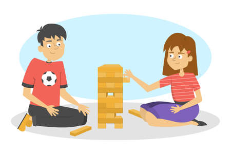 Children play block game. Wooden block tower, funnyのイラスト素材