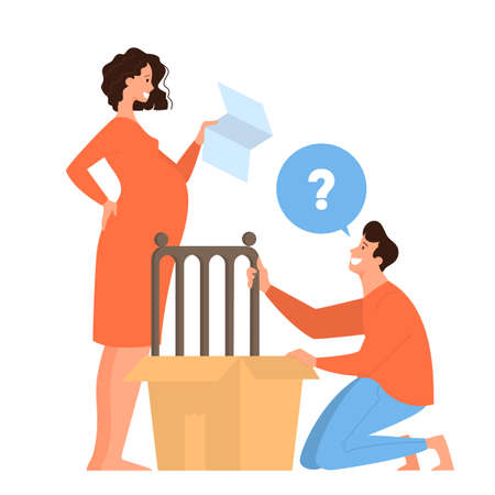 Mother and father building a baby crib for newborn.のイラスト素材