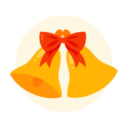 Flat vector illustration of traditional Christmas golden bells with red ribbon. Classic holiday decoration.のイラスト素材