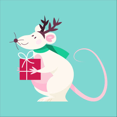 Cute Christmas rat. Animal character holding festive stuff. 2020 year symbol holding a box with present. Isolated vector illustration in flat styleのイラスト素材