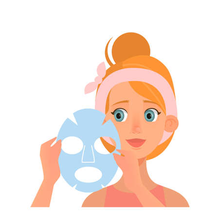 Girl character with face mask isolated. Person doing cleansing procedure, moisturizing with face mask.のイラスト素材