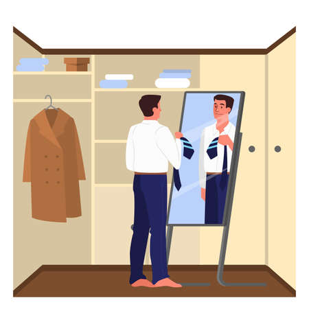 Daily routine of a man. Guy dressing up in the morning to go to work.のイラスト素材