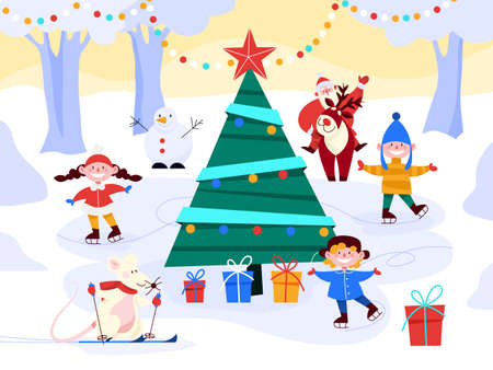 Children skating outside at the christmas treeのイラスト素材