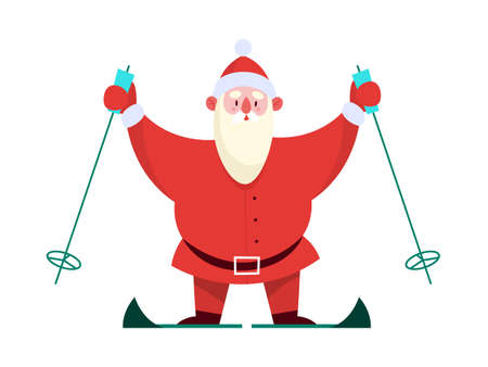 Santa Claus standing with skis on. Cute holiday season cartoon illustration. Winter activities. Christmas and New Year celebration.のイラスト素材
