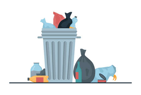 Vectore illustration of garbage can full of trash with trash bags laying nearby.のイラスト素材