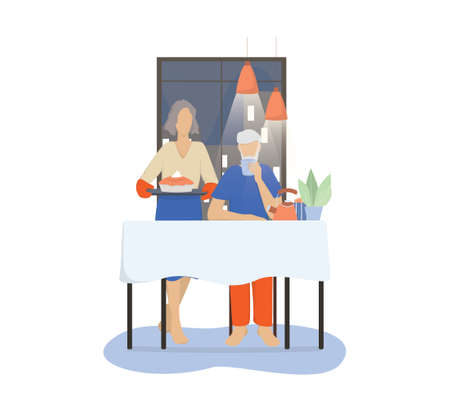 Old couple sitting in the armchair. Old lady with cat watchingのイラスト素材
