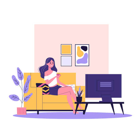 Happy woman sitting on the sofa and watch TV show. Comfortable couchのイラスト素材