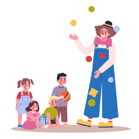 Vector illustration of child birthday party. Kids watching a clown juggling.のイラスト素材