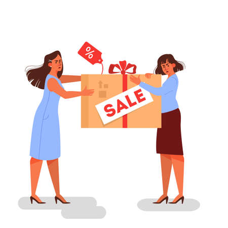 Angry woman arguing about product with discount. Big black friday saleのイラスト素材