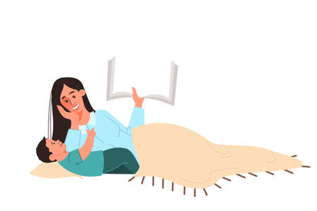 Mother reading book for a kid at bedtime. Woman telling talesのイラスト素材