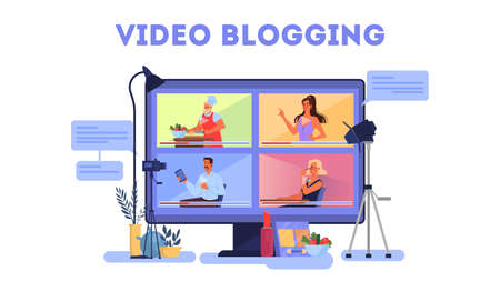 Blogger concept illustration set. Share content in the internet.のイラスト素材