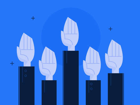 Flat vector illustration of hand raised up. Business conceptのイラスト素材
