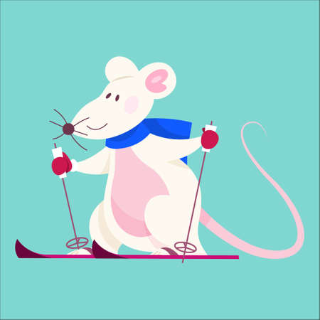 Cute Christmas rat in blue scarf. Animal character, 2020 yearのイラスト素材